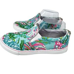 Lilly Pulitzer Julie Blue Ibiza Slip On Sneaker Size 6M Tropical Floral Pink